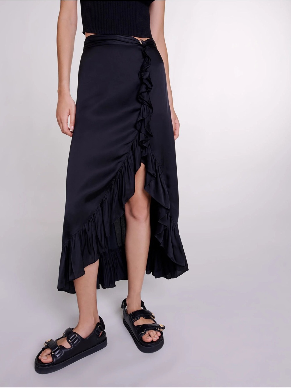 Long Satin Effect Ruffled Skirt